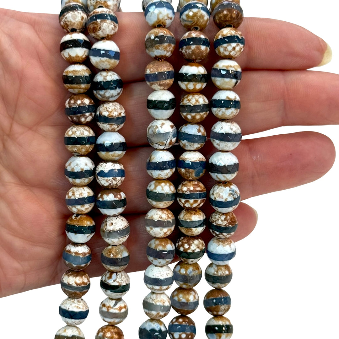 Tibetan Agate Dzi Beads – 8mm Faceted Round, Blue Stripe Pattern, 47 Beads Strand
