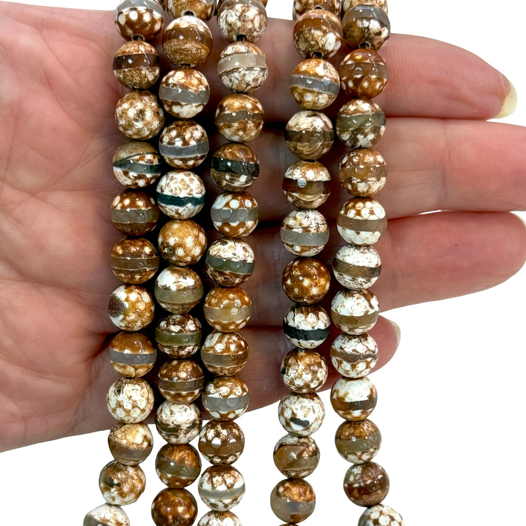 Tibetan Agate Dzi Beads – 8mm Faceted Round, Earthy Brown Stripe Pattern, 47 Beads Strand