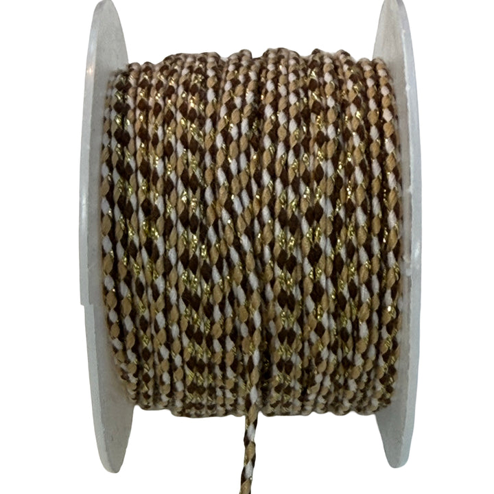 2mm Braided Jewellery Cord – Brown, Beige &amp; White with Metallic Gold Thread – Sold by the Metre
