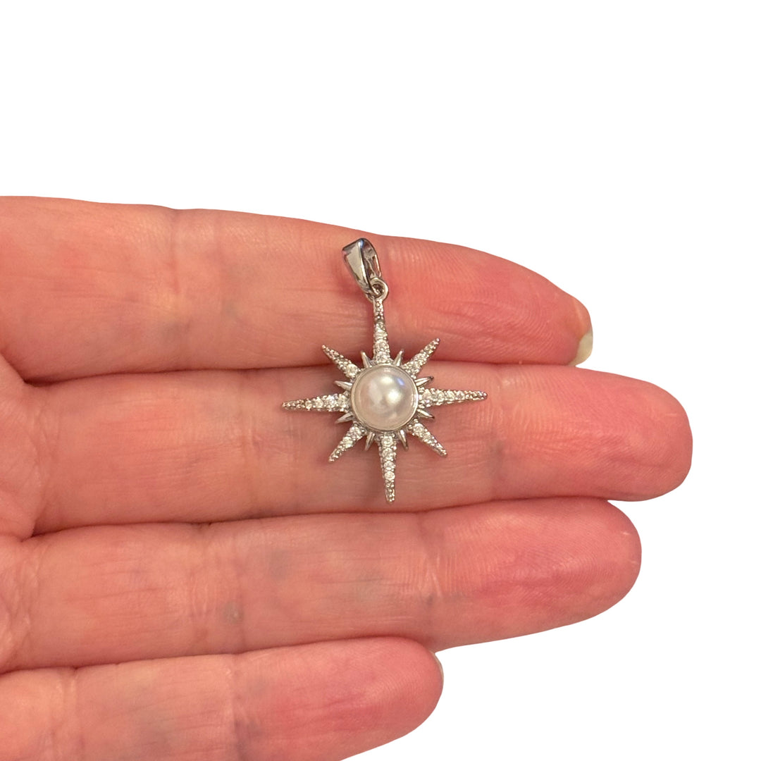 Rhodium Plated White Pearl North Star Pendant with CZ – Celestial Compass Star Charm, 26x17mm