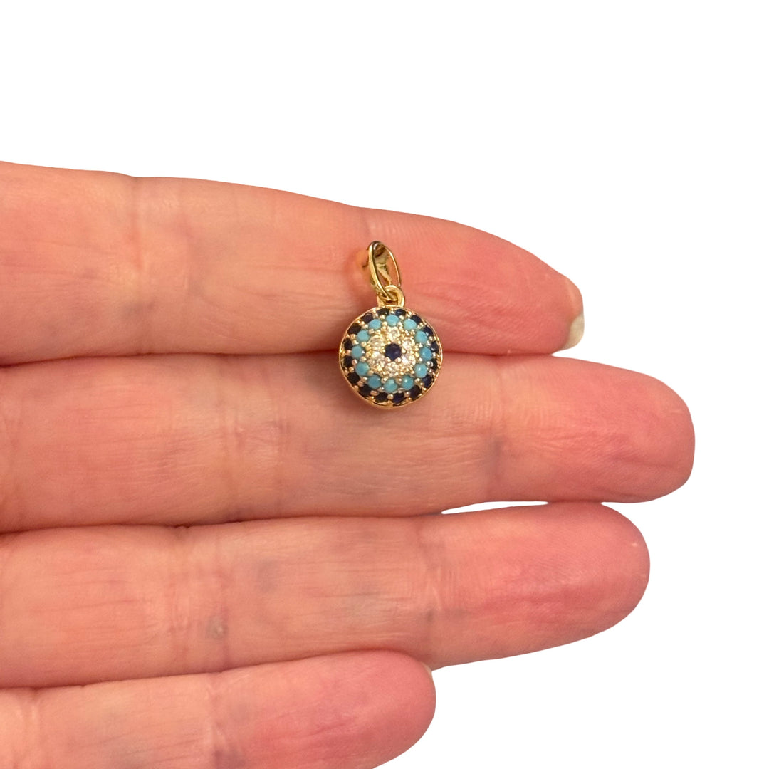 24Kt Gold Plated Blue &amp; Turquoise CZ Round Pendant – 3D Pavé Cubic Zirconia Charm, 18x9x9mm