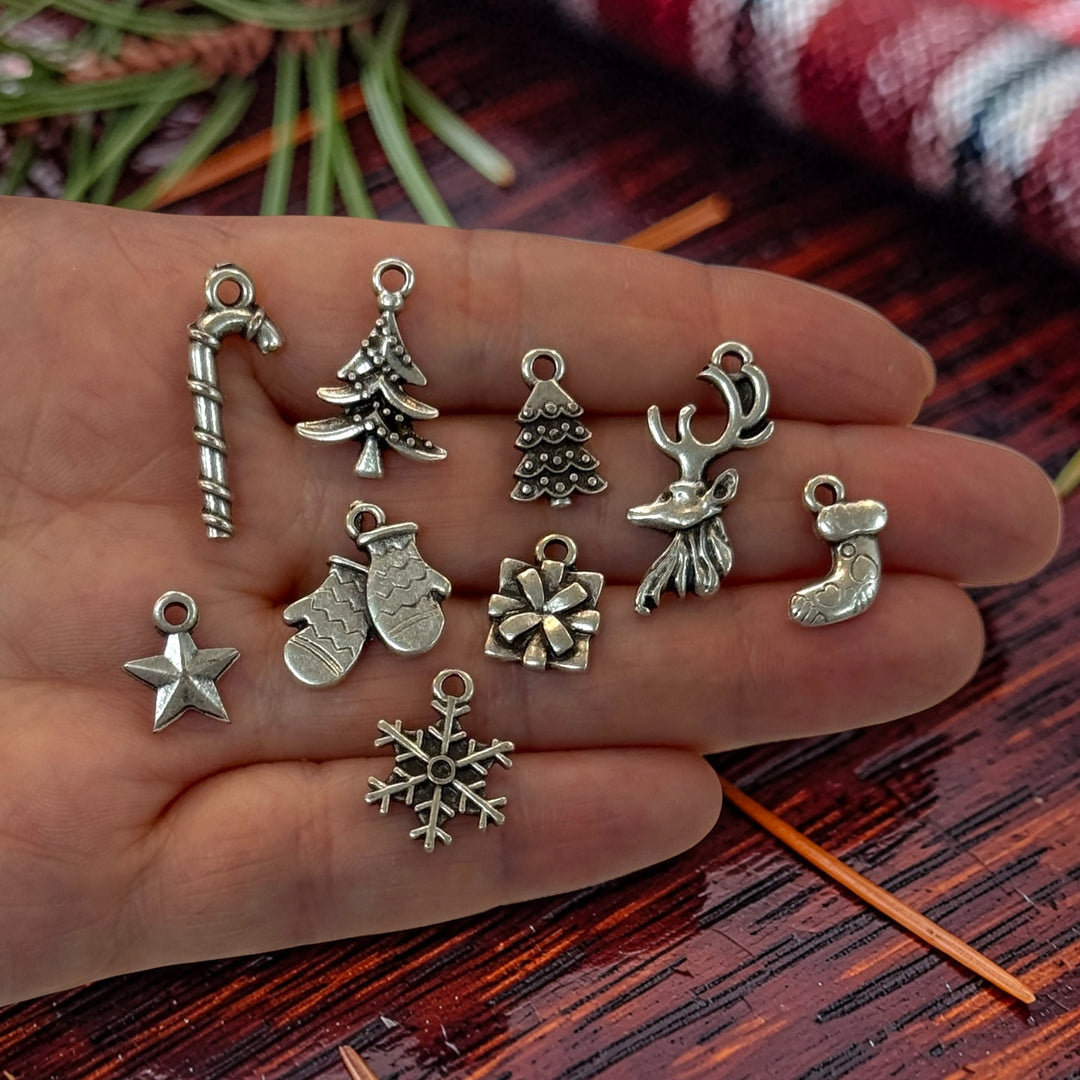 Antique Silver Plated Christmas Charms Collection, 9 Charms in a pack