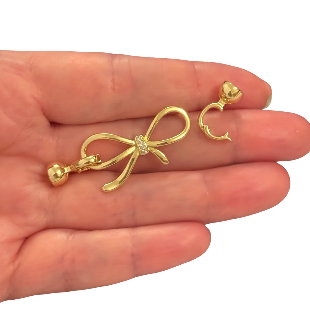 24Kt Gold Plated CZ Bow Hook Clasp – Decorative Ribbon Jewellery Necklace Bracelet Connector, 52x17mm