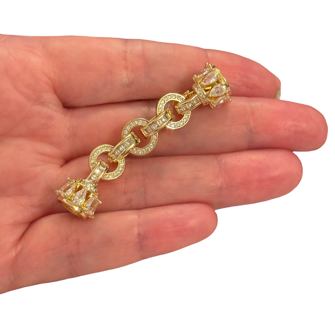 24Kt Gold Plated CZ Chain Link Hook Clasp – Baguette Crystal Decorative Necklace Bracelet Fastening, 55x12mm