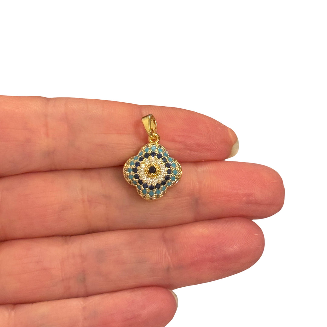 24Kt Gold Plated Blue &amp; Turquoise CZ Clover Pendant – 3D Pavé Cubic Zirconia Four Leaf Charm, 20x14x7mm