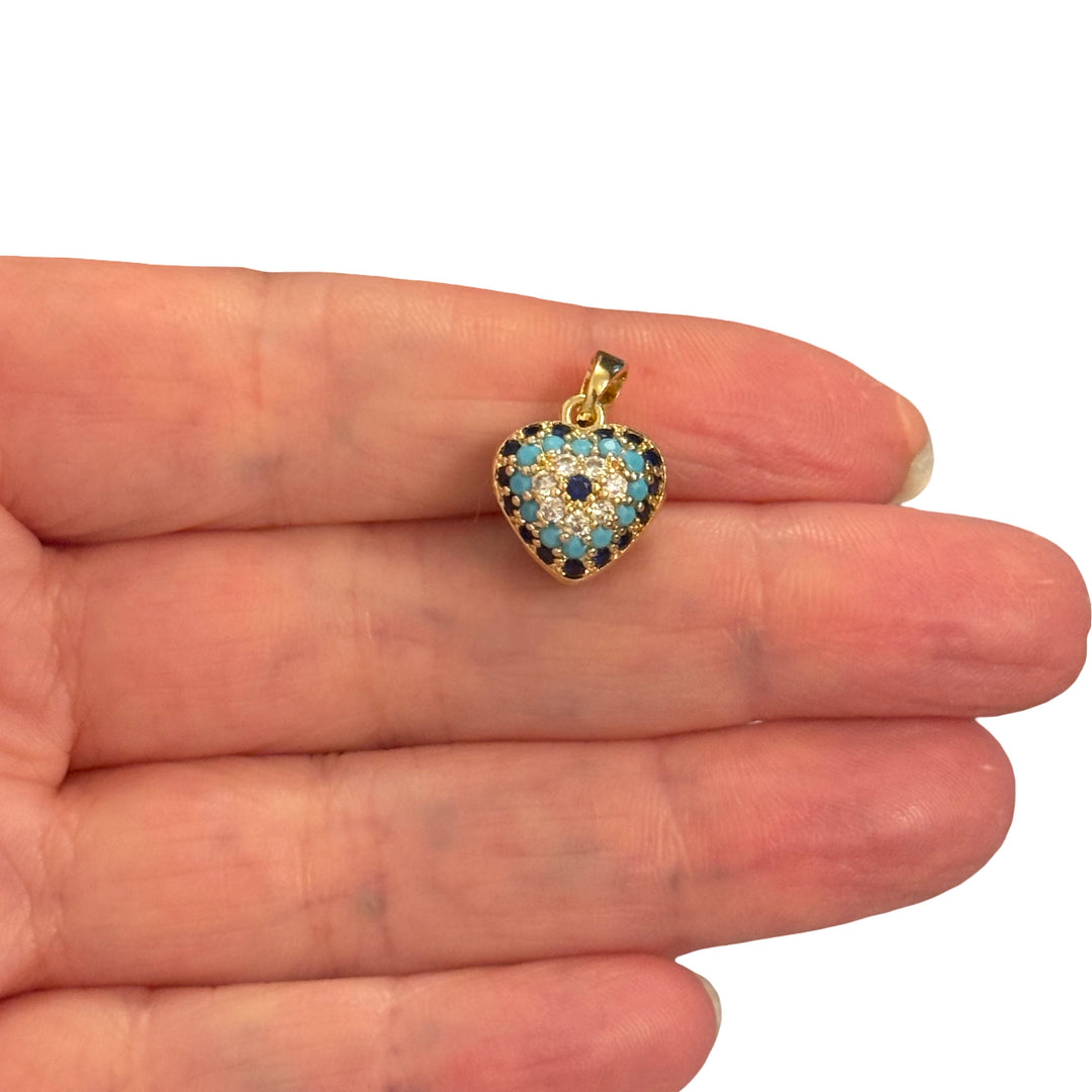 24Kt Gold Plated Blue &amp; Turquoise CZ Heart Pendant – 3D Pavé Cubic Zirconia Charm, 17x11x10mm