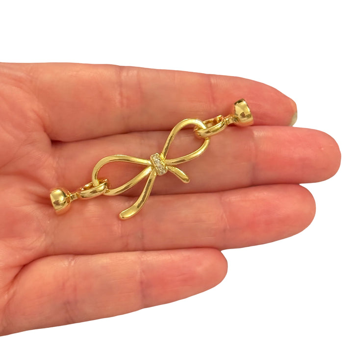 24Kt Gold Plated CZ Bow Hook Clasp – Decorative Ribbon Jewellery Necklace Bracelet Connector, 52x17mm