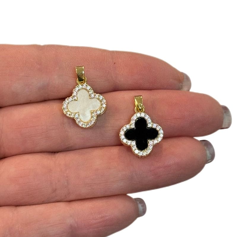 24Kt Gold Plated Mother of Pearl Double Sided CZ Clover Charm
