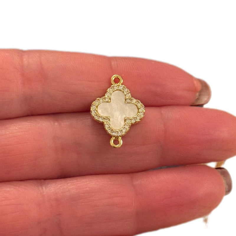24Kt Gold Plated  Mother of Pearl CZ Clover Connector Charm