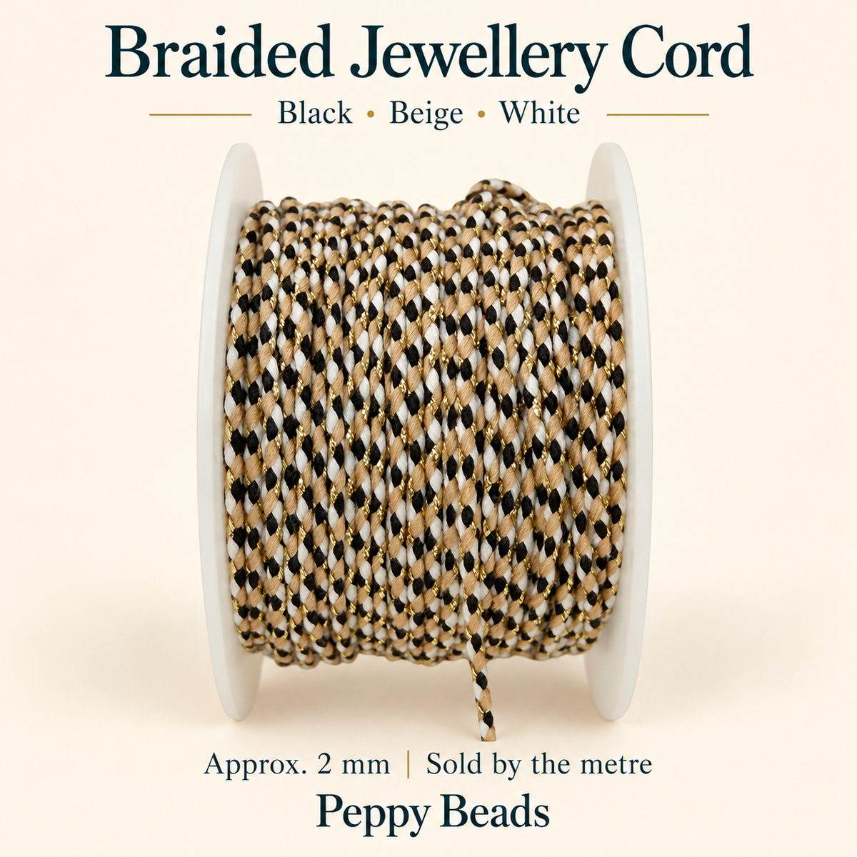 2mm Braided Jewellery Cord – Black, Beige & White