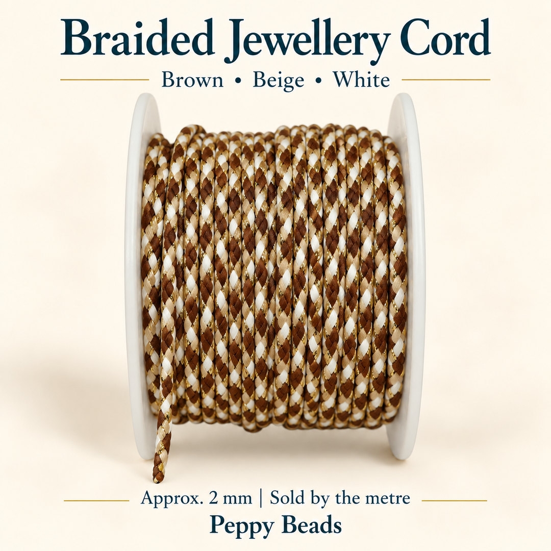 2mm Braided Jewellery Cord – Brown, Beige &amp; White with Metallic Gold Thread – Sold by the Metre