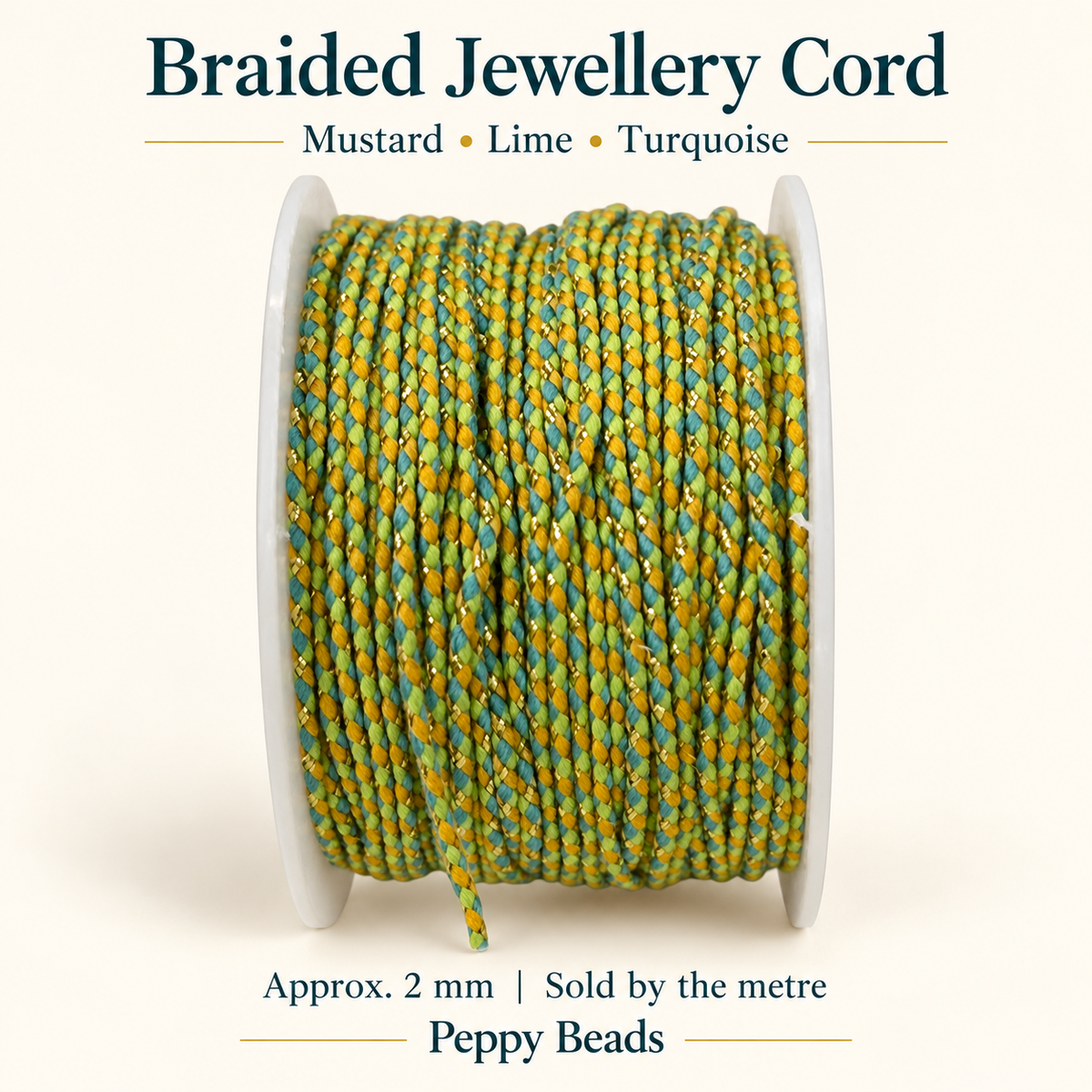 2mm Braided Jewellery Cord – Mustard, Lime & Turquoise