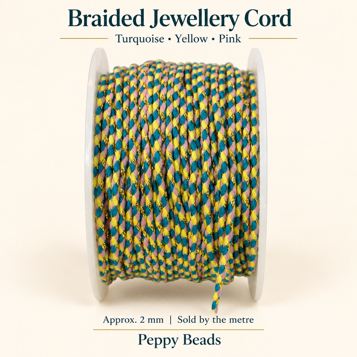 2mm Braided Jewellery Cord – Turquoise, Yellow & Pink