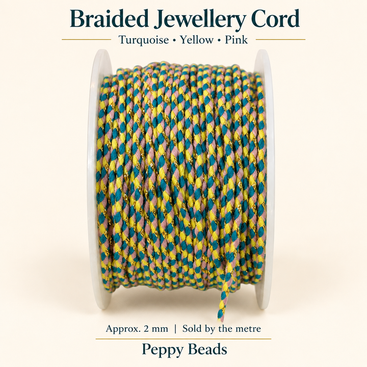 2mm Braided Jewellery Cord – Turquoise, Yellow &amp; Pink