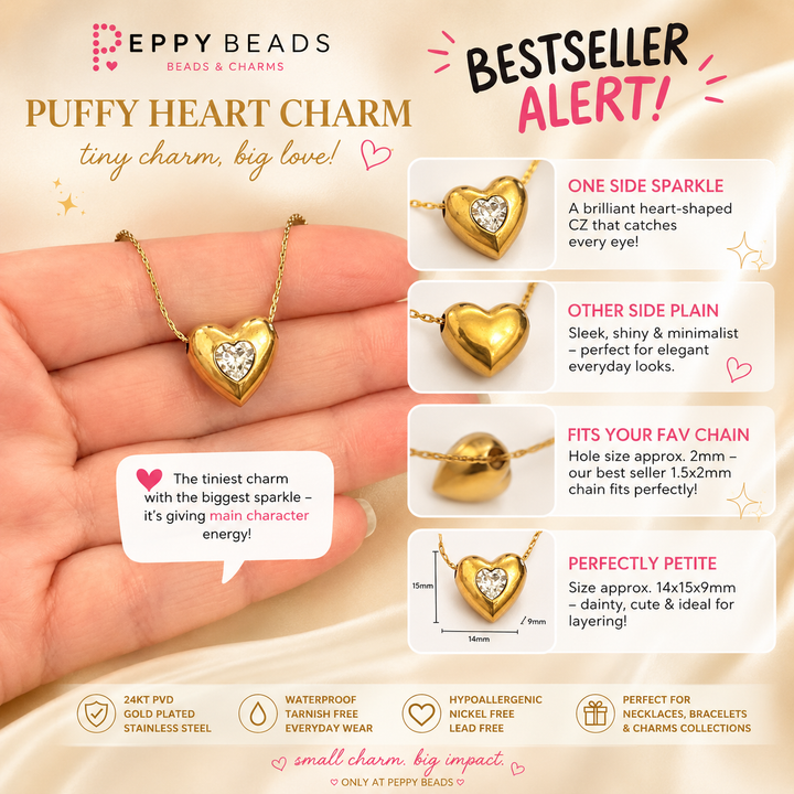 Waterproof 24Kt PVD Gold Plated Stainless Steel Puffy Heart Charm with Heart CZ, Double Sided, 14x15mm Pendant