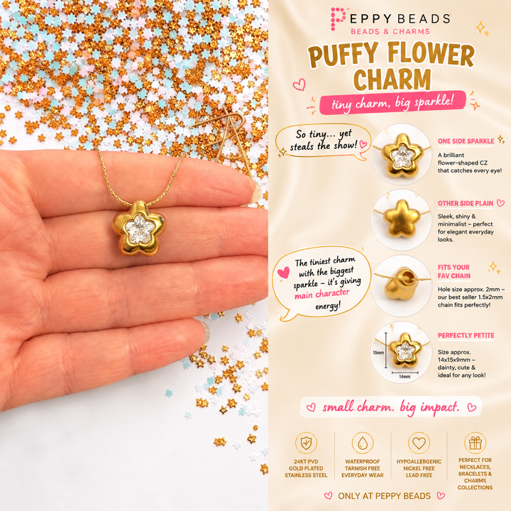 Waterproof 24Kt PVD Gold Plated Stainless Steel Puffy Flower Charm with Flower CZ, Double Sided, 14x15mm Pendant