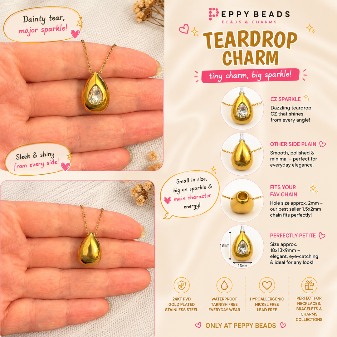 Waterproof 24Kt PVD Gold Plated Stainless Steel Teardrop Charm Pendant with CZ, Reversible Drop Charm, 18x13mm, 2mm Hole