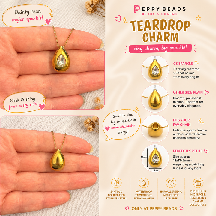 Waterproof 24Kt PVD Gold Plated Stainless Steel Teardrop Charm Pendant with CZ, Reversible Drop Charm, 18x13mm, 2mm Hole