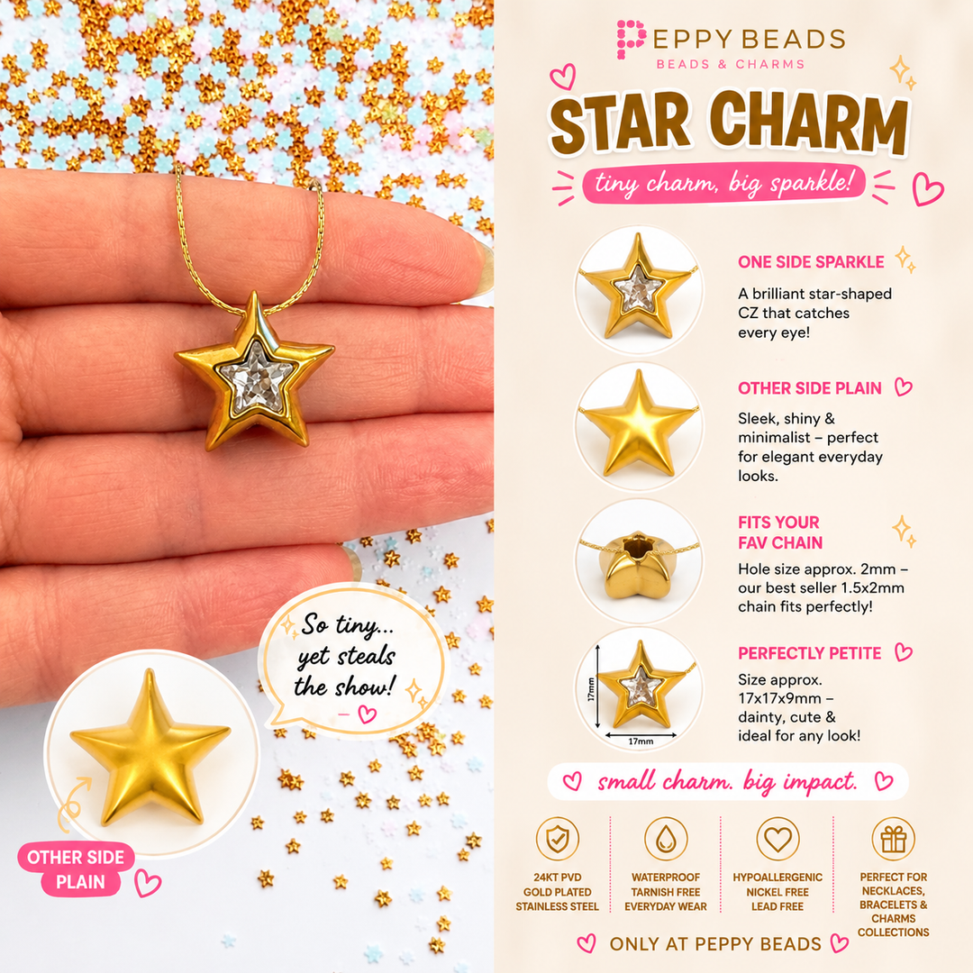 Waterproof 24Kt PVD Gold Plated Stainless Steel Star Charm Pendant with CZ, Reversible Star Charm, 17x17mm, 2mm Hole