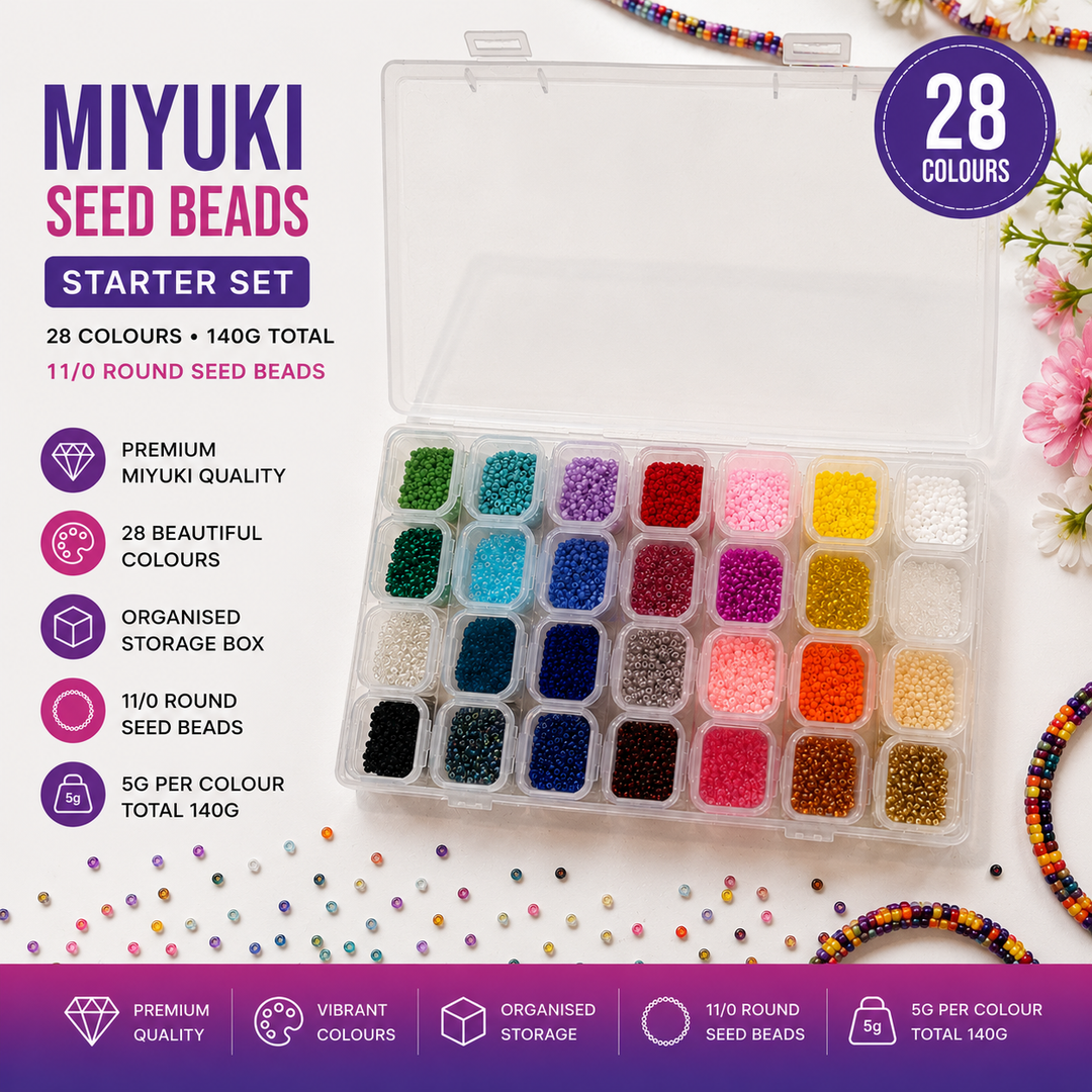 Kit de démarrage de perles de rocaille Miyuki, 28 couleurs 140 Gr 11/0 perles de rocaille rondes, aiguille, fil, récipient