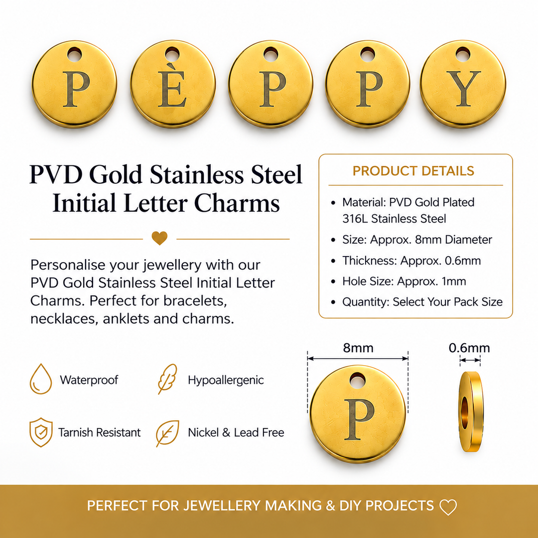 Waterproof 24Kt PVD Gold Plated 316L Stainless Steel Initial Letter Charm, Personalised Alphabet Disc Pendant, 8mm Engraved Letter Connector