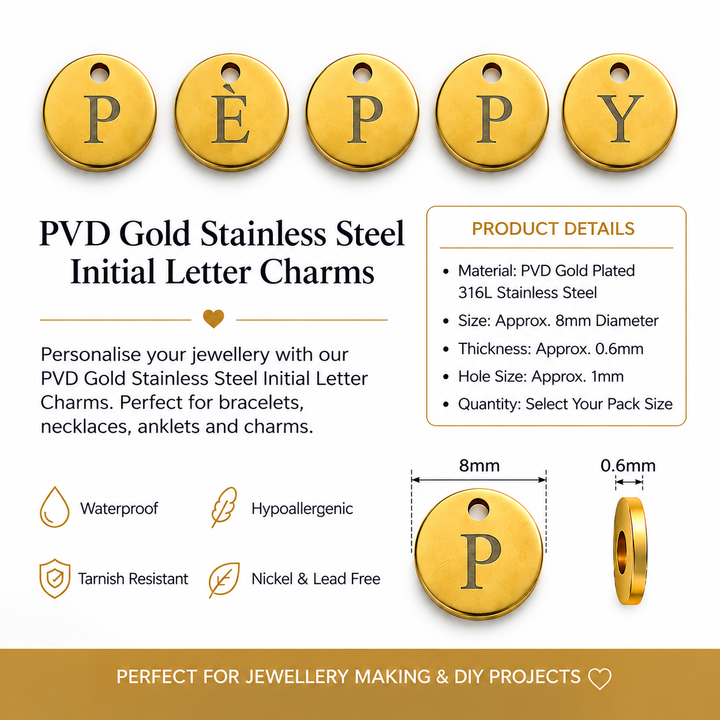 Waterproof 24Kt PVD Gold Plated 316L Stainless Steel Initial Letter Charm, Personalised Alphabet Disc Pendant, 8mm Engraved Letter Connector
