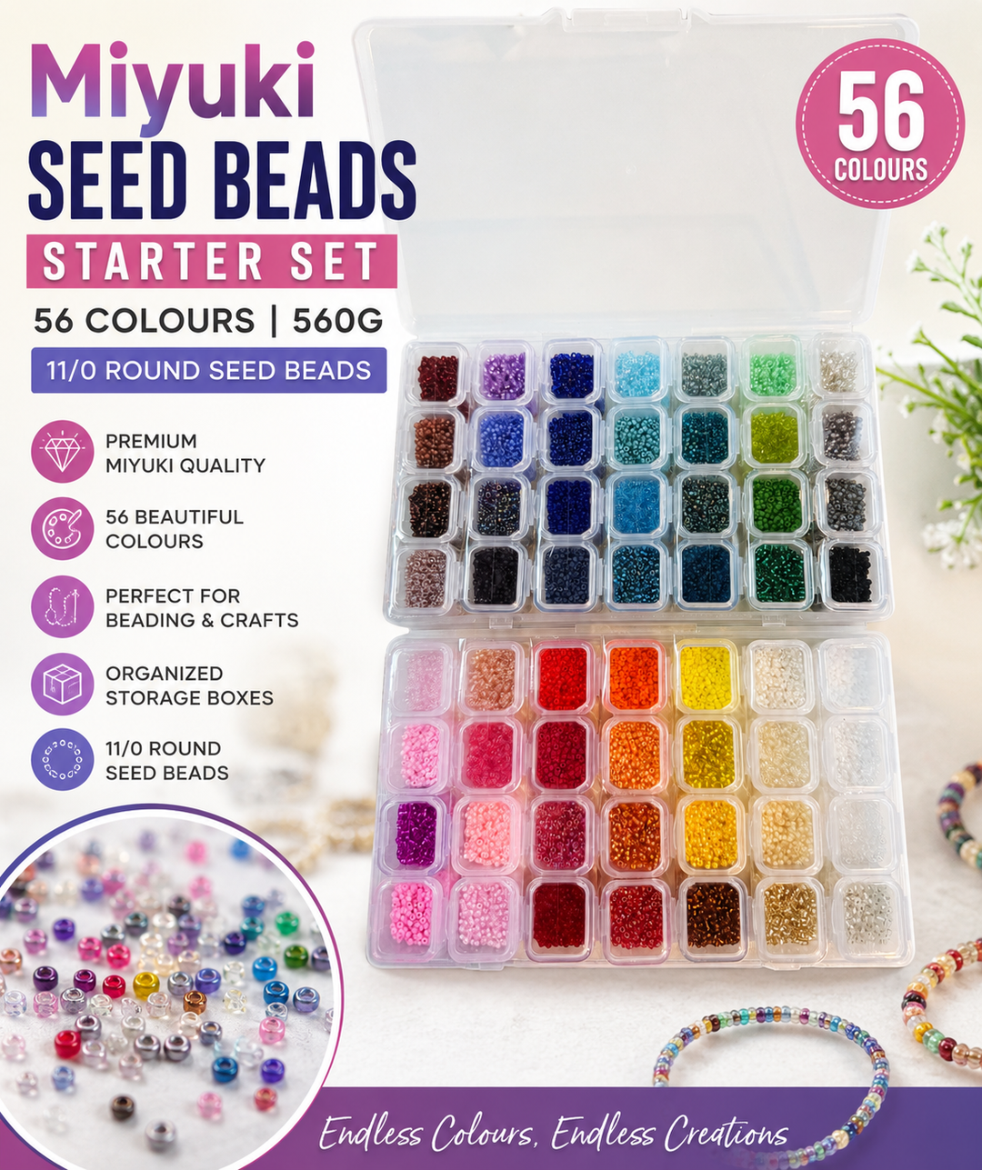 Miyuki Seed Beads Starter Set, 56 Colours 560 Gr 11/0 Round Seed Beads,Container