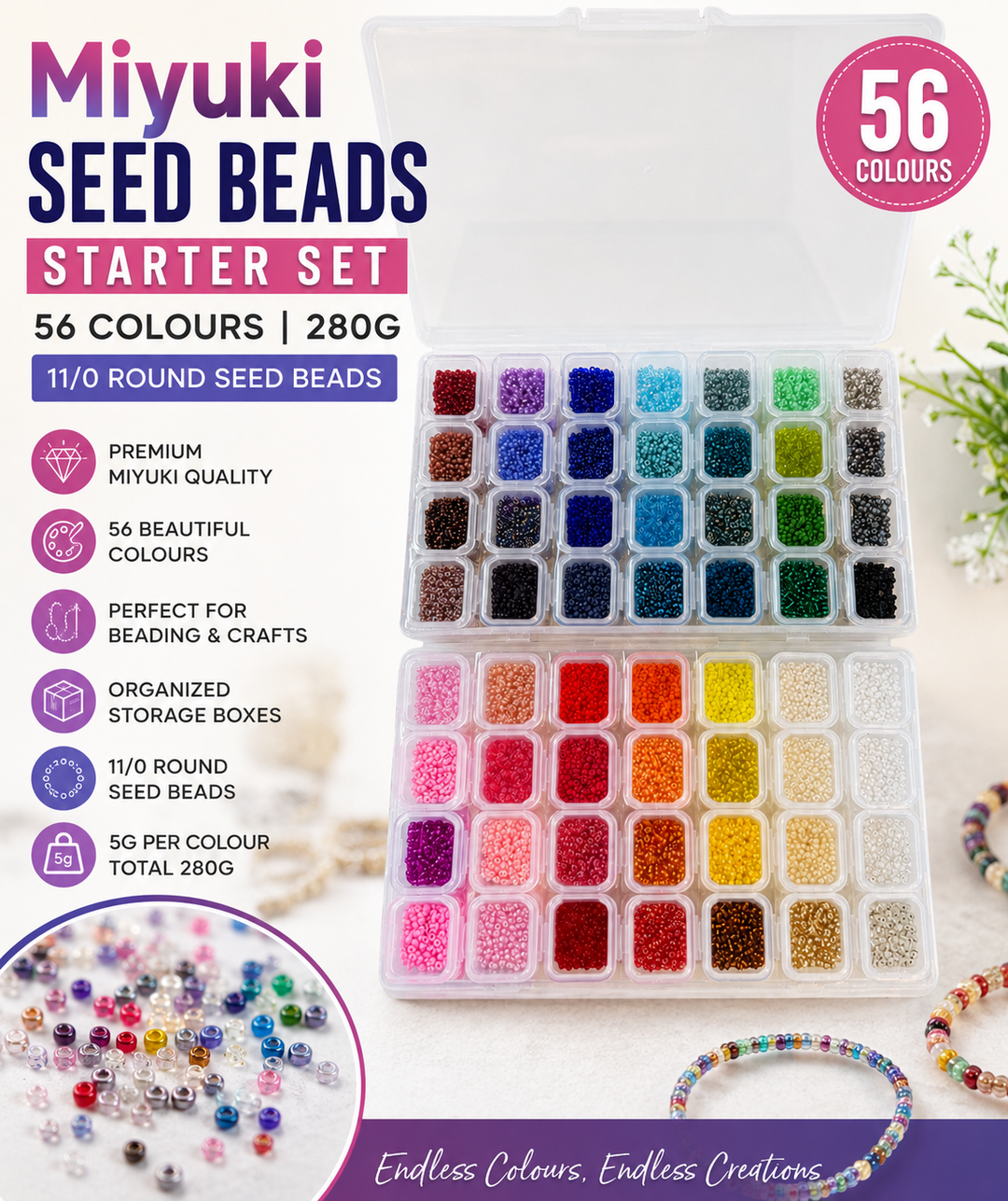 Miyuki Seed Beads Starter Set, 56 Colours 280 Gr 11/0 Round Seed Beads, Container