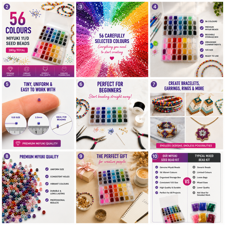 Miyuki Seed Beads Starter Set, 56 Colours 280 Gr 11/0 Round Seed Beads, Container