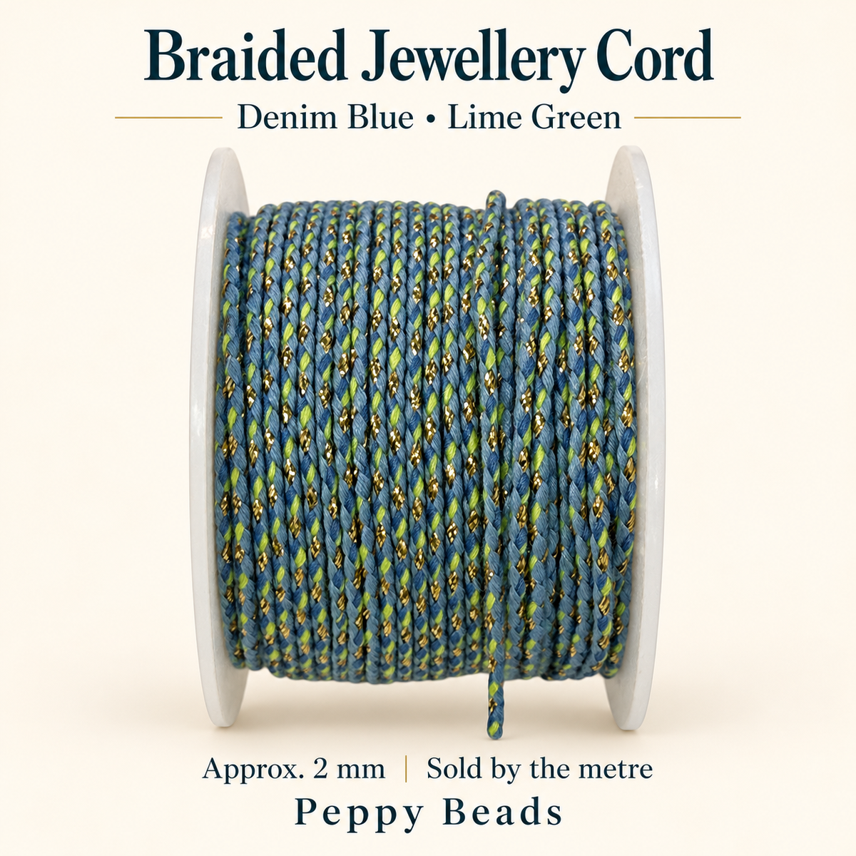 2mm Braided Jewellery Cord – Denim Blue & Lime Green
