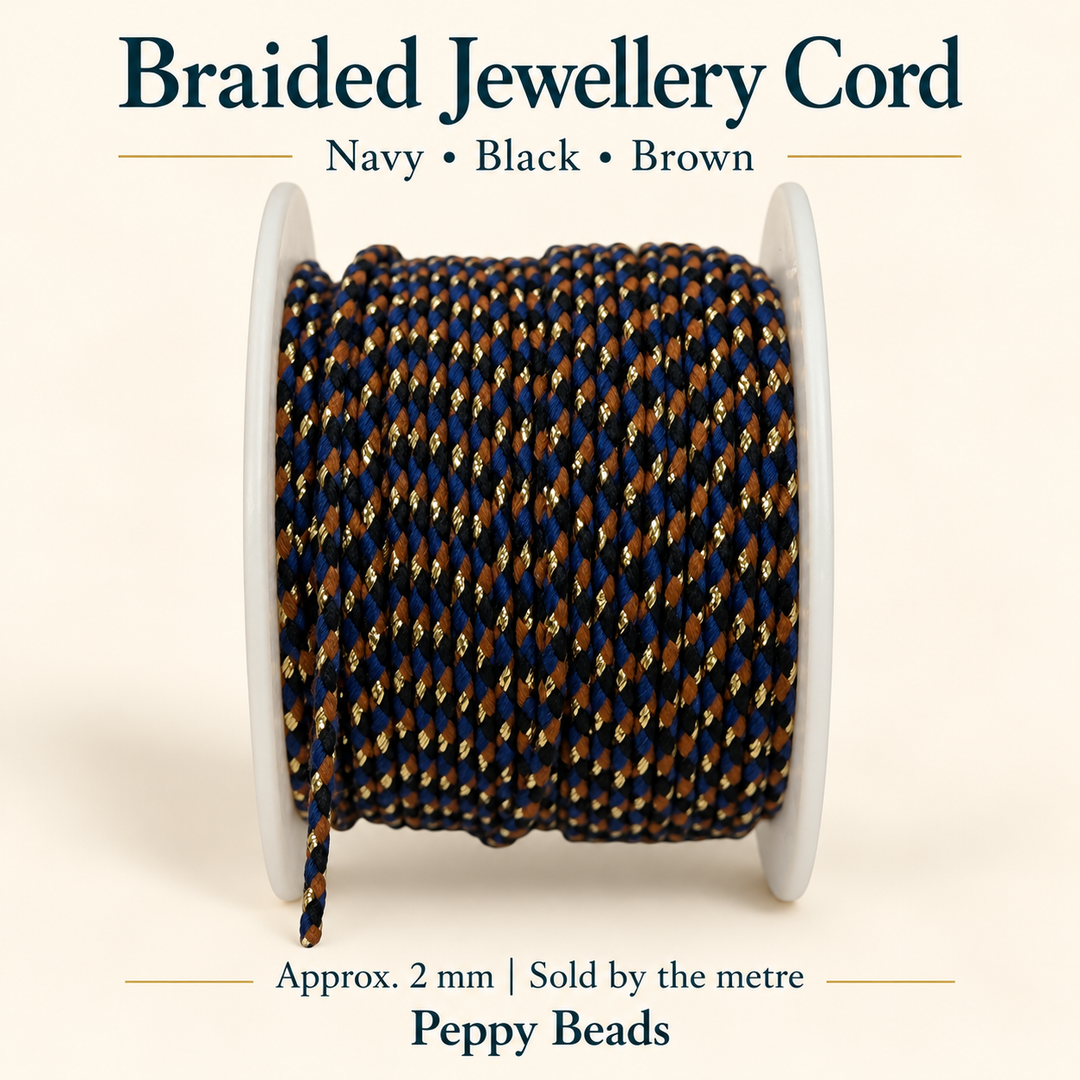 2mm Braided Jewellery Cord – Navy, Black &amp; Brown with Metallic Gold Thread – Sold by the Metre