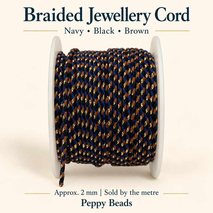 2mm Braided Jewellery Cord – Navy, Black &amp; Brown with Metallic Gold Thread – Sold by the Metre