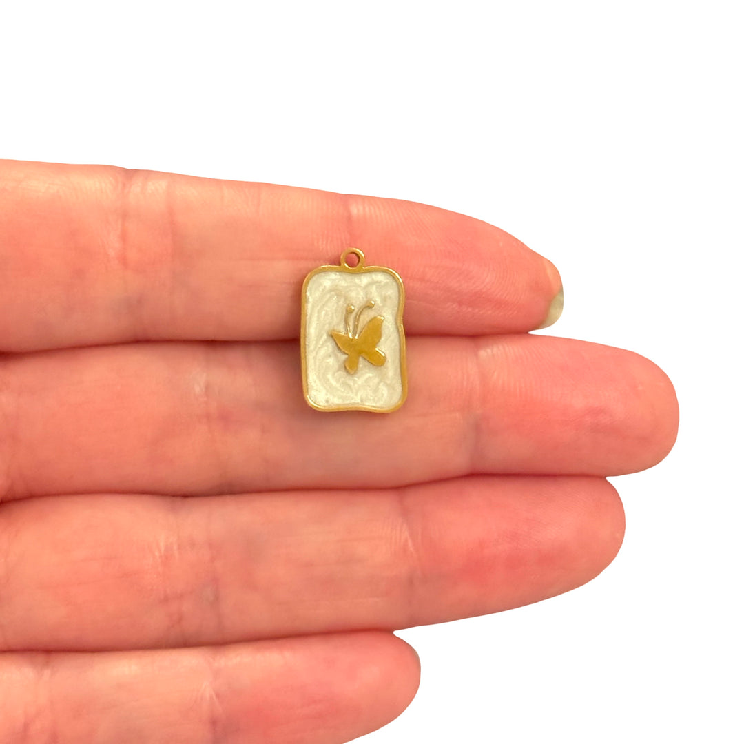 Waterproof 24Kt PVD Gold Plated Stainless Steel Butterfly Charm – Ivory Pearlescent Rectangle Pendant, 17x11mm