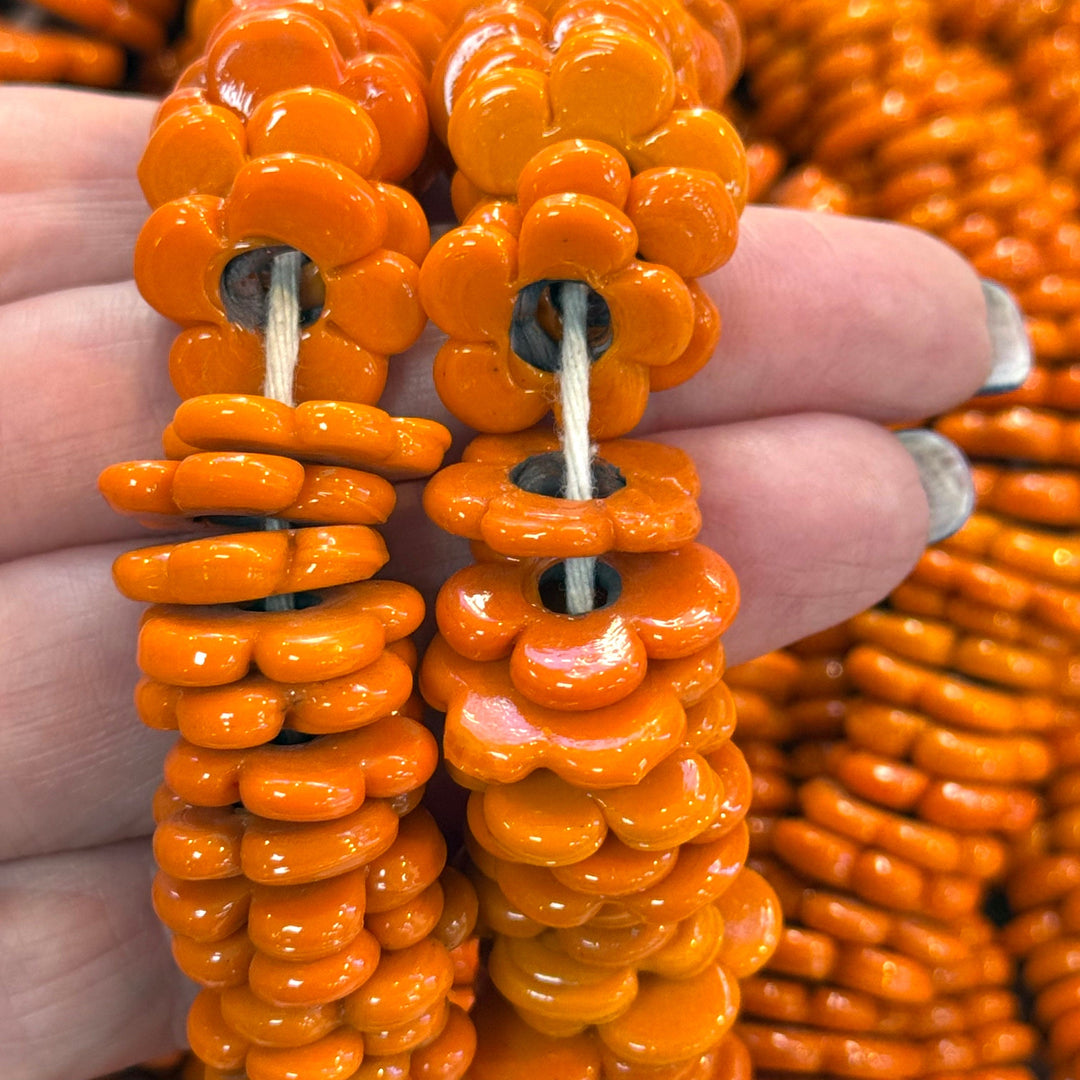 Hand Made Murano Glass Large Hole Orange Flower Beads, 10 Beads in a pack