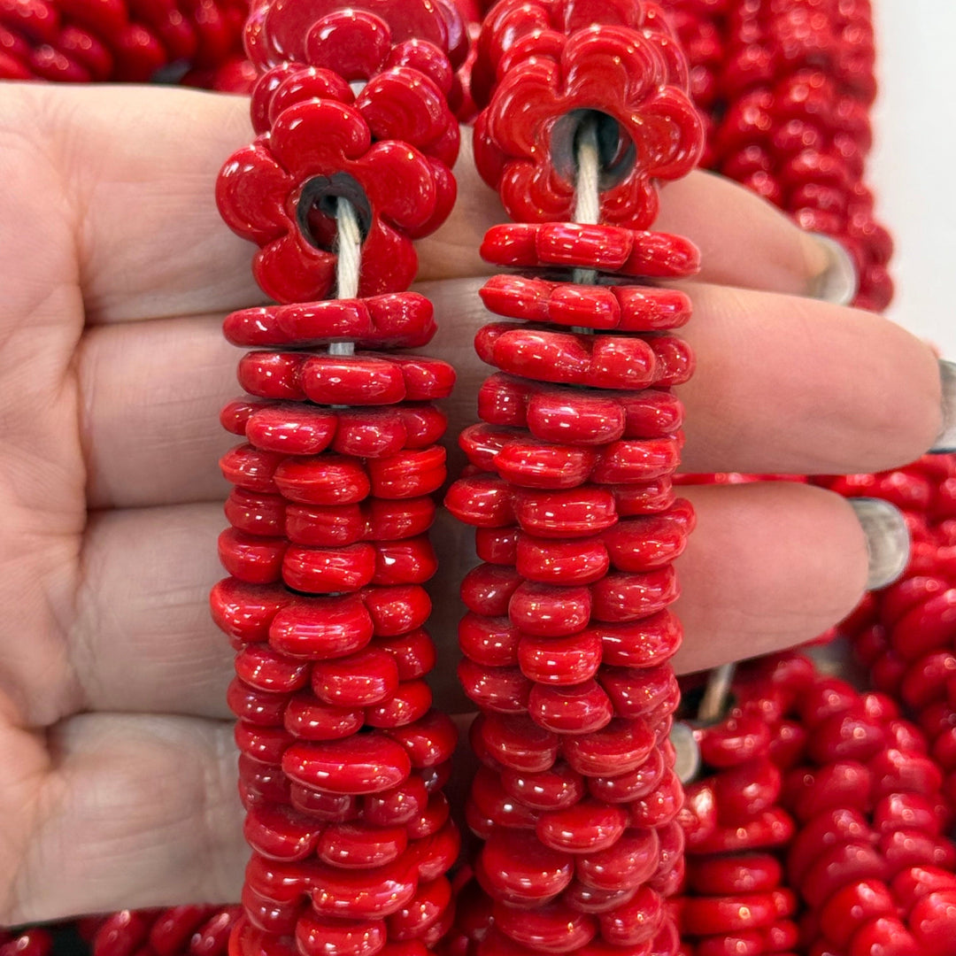 Hand Made Murano Glass Large Hole Red Flower Beads, 50 Beads in a pack