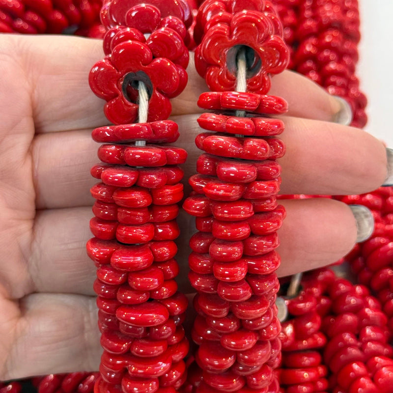 Hand Made Murano Glass Large Hole Red Flower Beads, 25 Beads in a pack