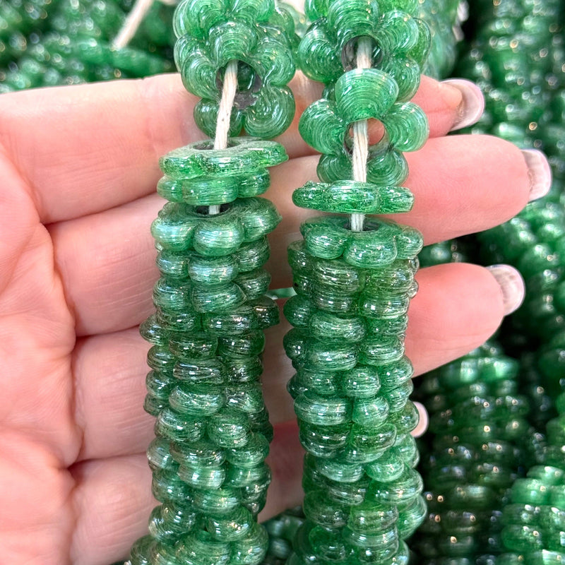 Hand Made Murano Glass Large Hole Tp. Green Flower Beads, 25 Beads in a pack