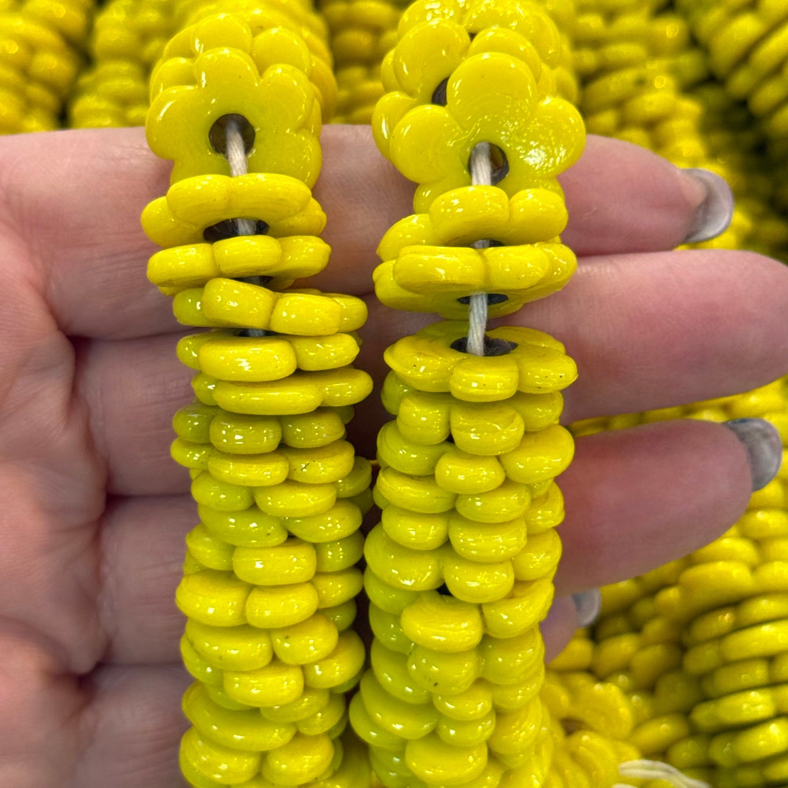 Hand Made Murano Glass Large Hole Yellow Flower Beads, 10 Beads in a pack