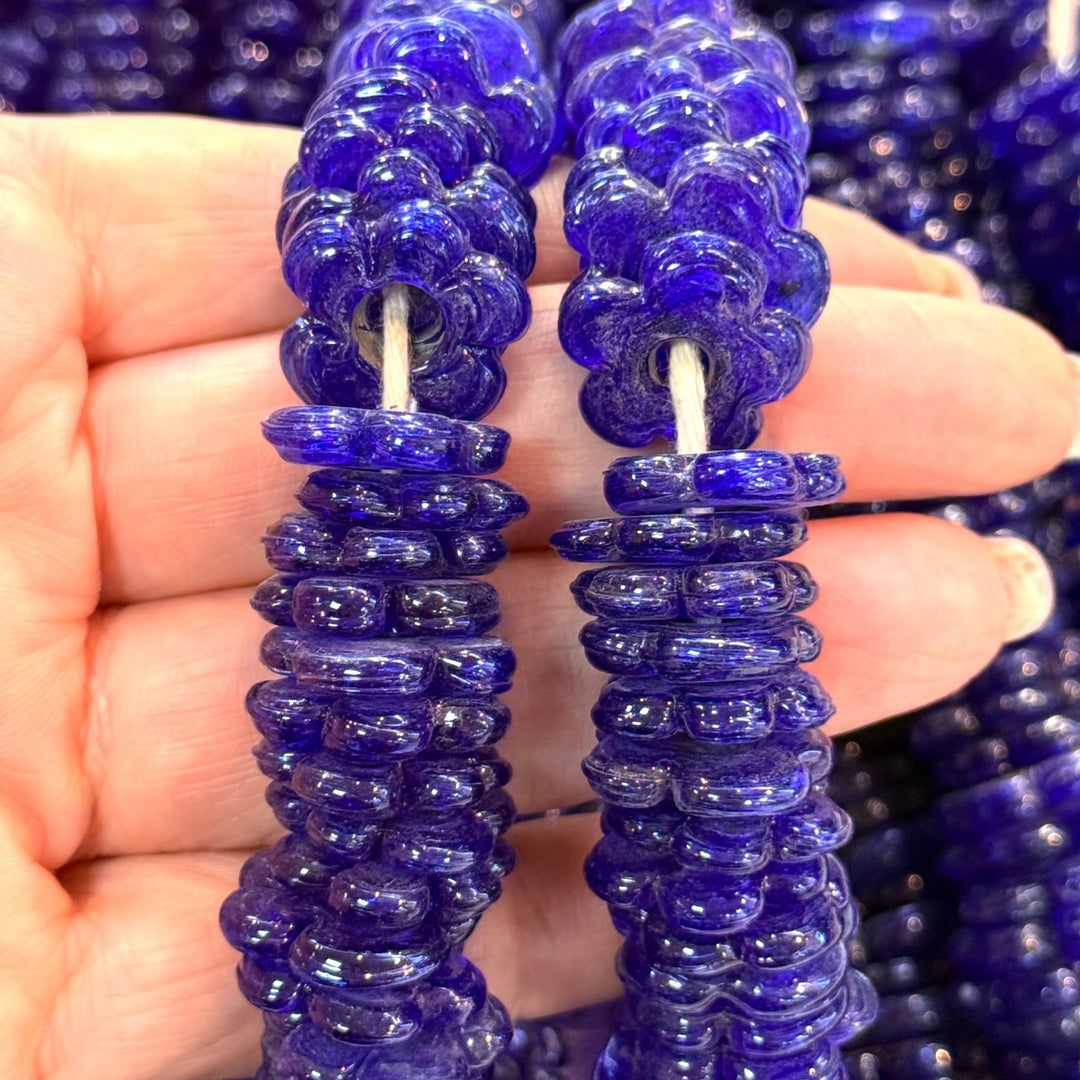 Hand Made Murano Glass Large Hole Navy Flower Beads, 25 Beads in a pack