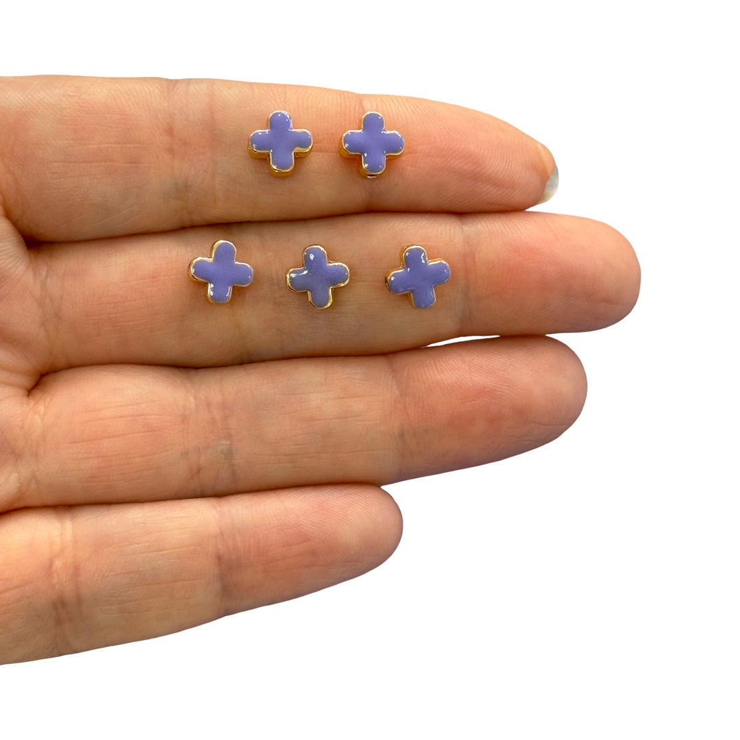 24Kt Gold Plated Lilac Enamelled Cross Spacer Charms, 5 Pcs in a Pack