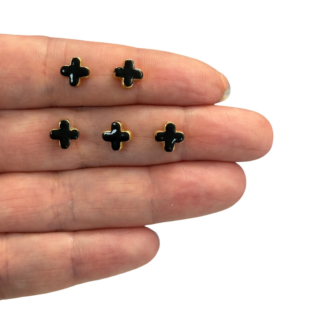 24Kt Gold Plated Black Enamelled Cross Spacer Charms, 5 Pcs in a Pack