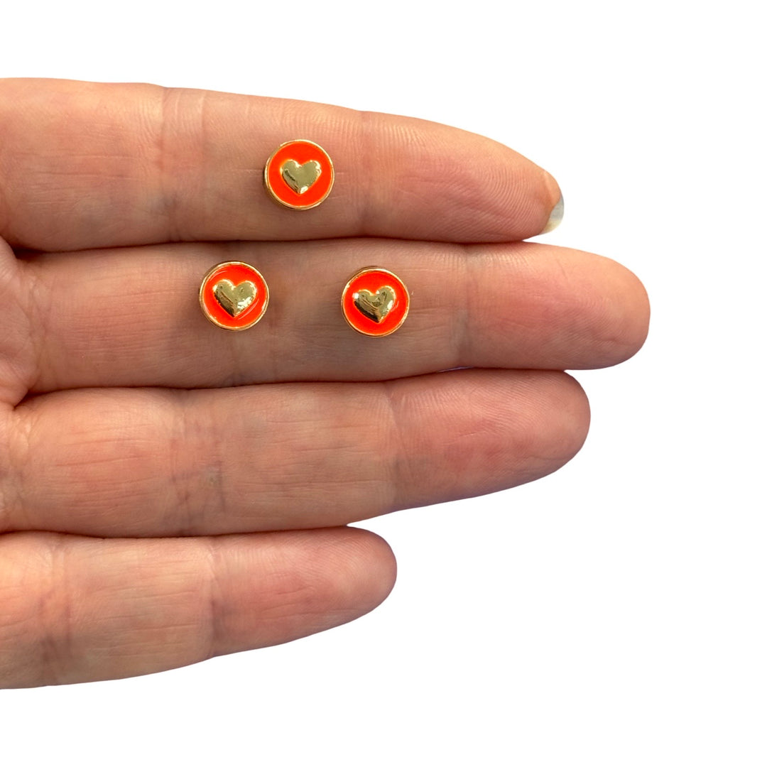 24Kt Gold Plated Double-Sided Neon Orange Enamelled Heart Spacer Charms, 3 pcs in a pack, With Horizontal Hole