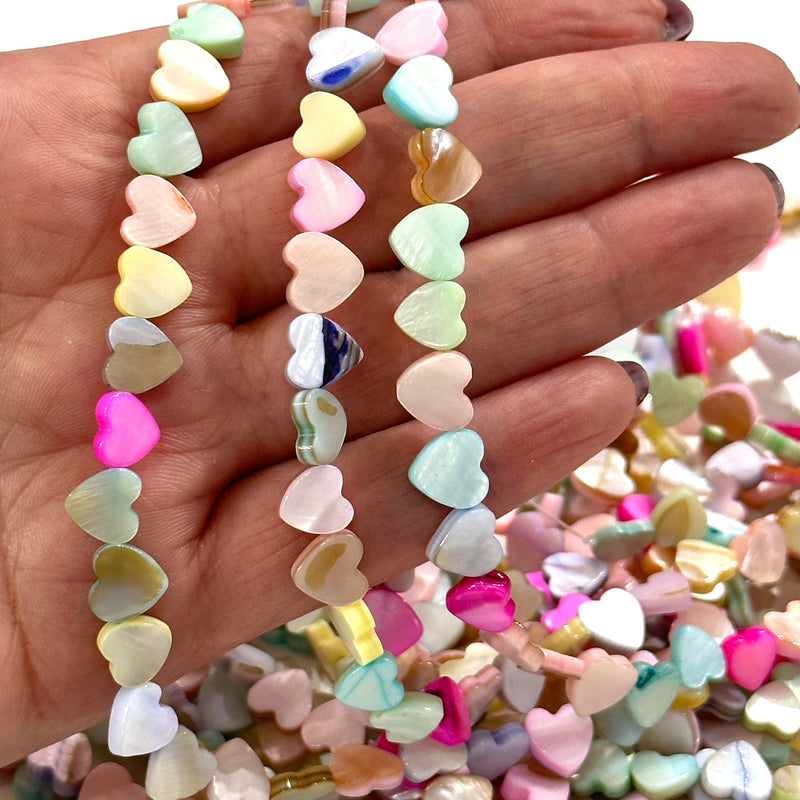 Mother Of Pearl Heart 8mm Beads, Pastel Colored Horizontal Hole Hearts, 47 Beads Strand