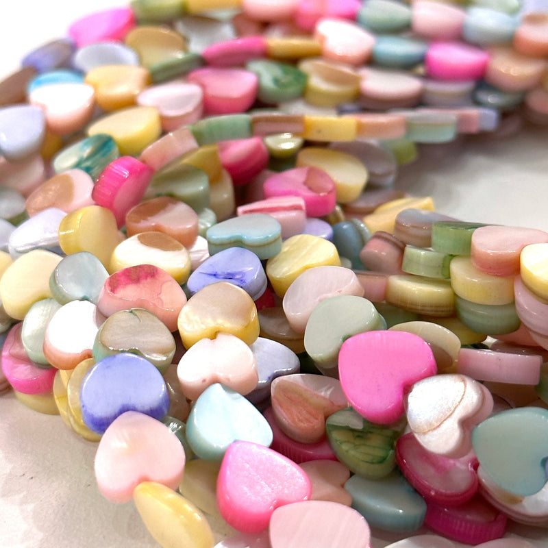 Mother Of Pearl Heart 8mm Beads, Pastel Colored Vertical Hole Hearts, 47 Beads Strand
