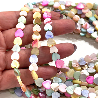 Mother Of Pearl Heart 8mm Beads, Pastel Colored Vertical Hole Hearts, 47 Beads Strand