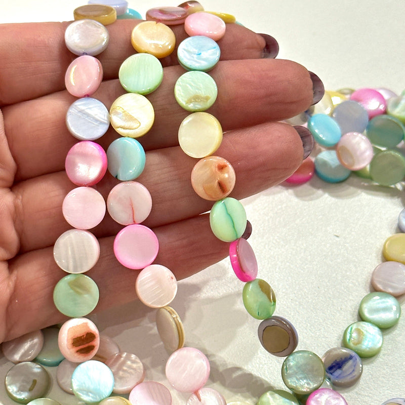 Mother Of Pearl Flat Round 10mm Beads, Pastel Colored Flat Round, 40 Beads Strand