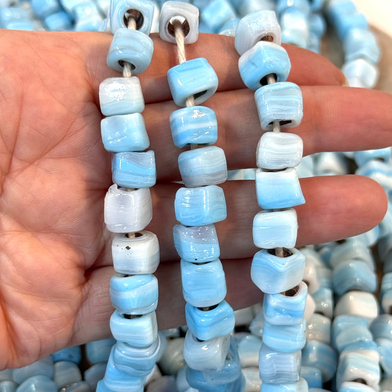 Traditional Turkish Artisan Handmade Cube Glass Beads, Large Hole Glass Beads, 25 Beads in a pack