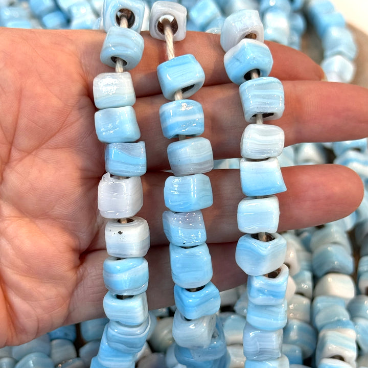 Traditional Turkish Artisan Handmade Cube Glass Beads, Large Hole Glass Beads, 25 Beads in a pack