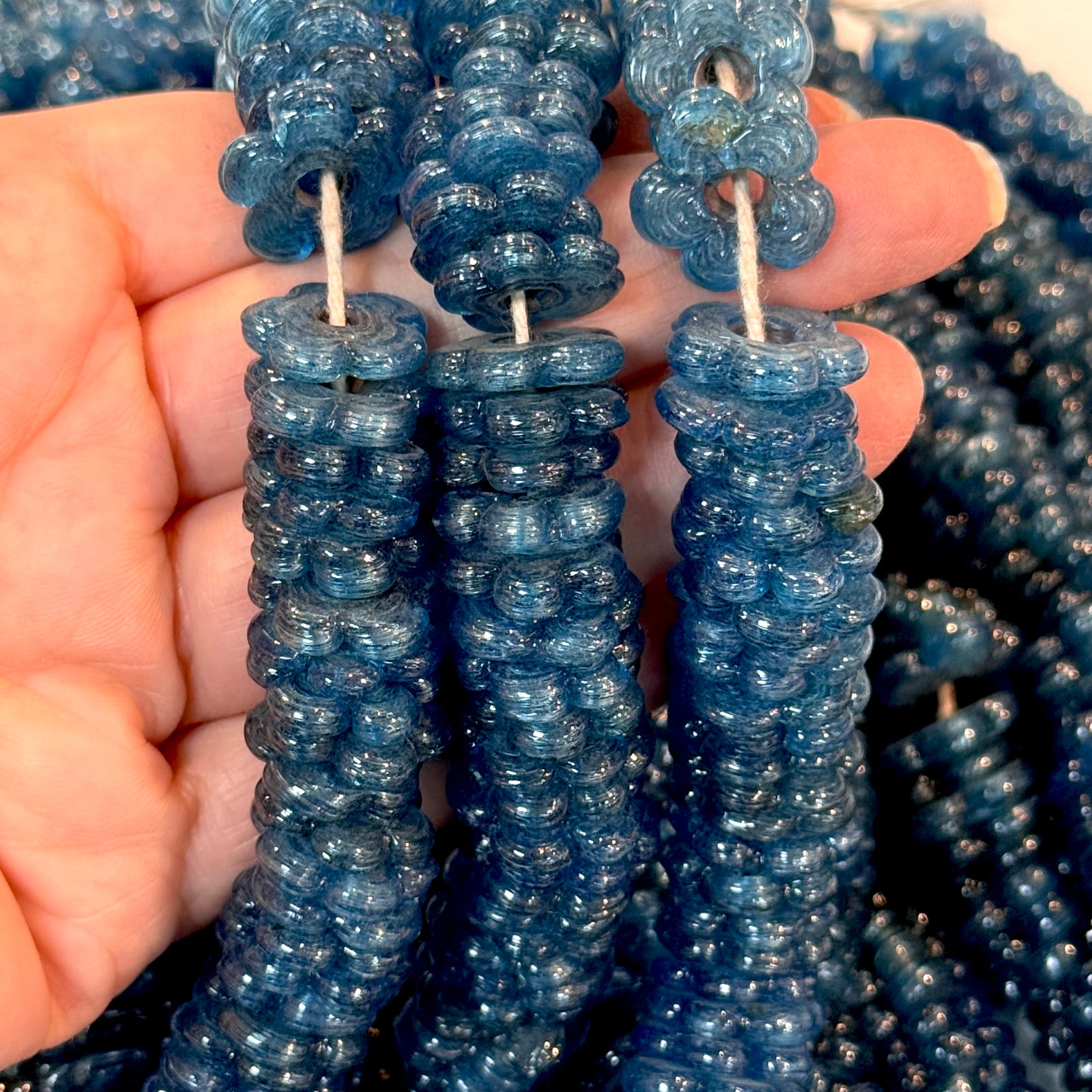 Hand Made Murano Glass Large Hole Teal Blue Flower Beads, 25 Beads in a pack