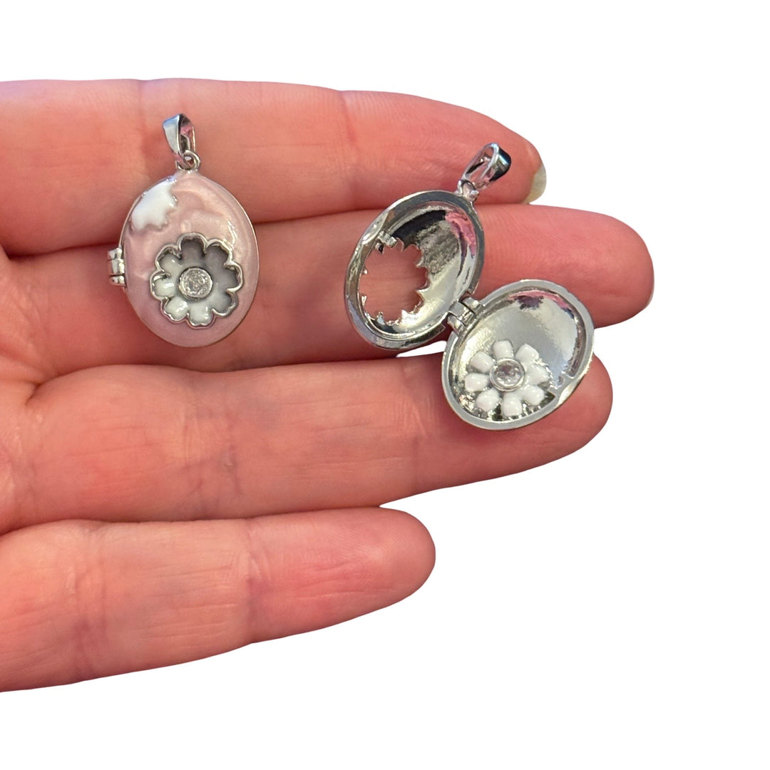 Rhodium Plated Daisy Locket Pendant with CZ – White Enamel Flower Oval Opening Pendant